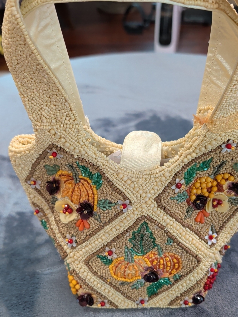 Beaded Cream Floral Pumpkin Tote Bag
